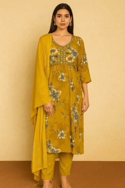 KPD-275-1 Rayon Floral Printed Kurta Pant Dupatta Set – Mustard Yellow