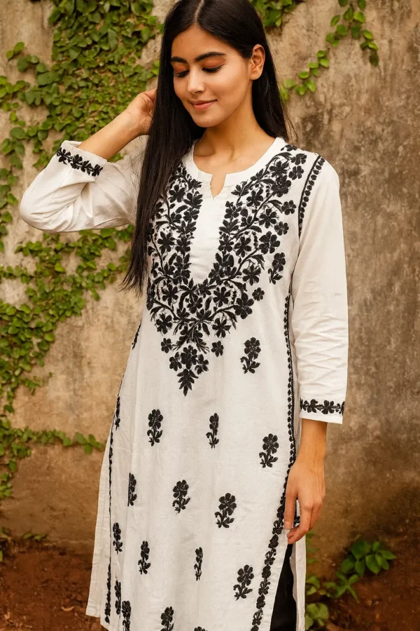 White Cotton Kurta with Black Floral Embroidery
