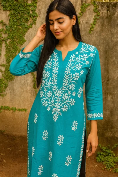 LK-39-1 Aqua Blue Cotton Long Kurta with White Embroidery