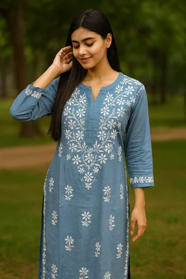Blue Cotton Kurti with White Floral Embroidery