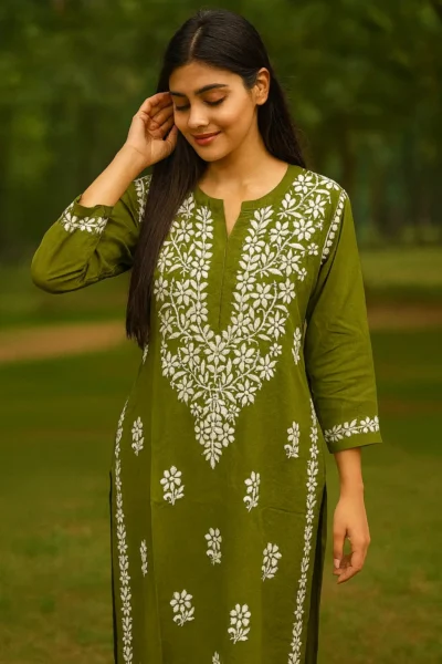 LK-41-1 Olive Green Cotton Kurta with White Embroidery