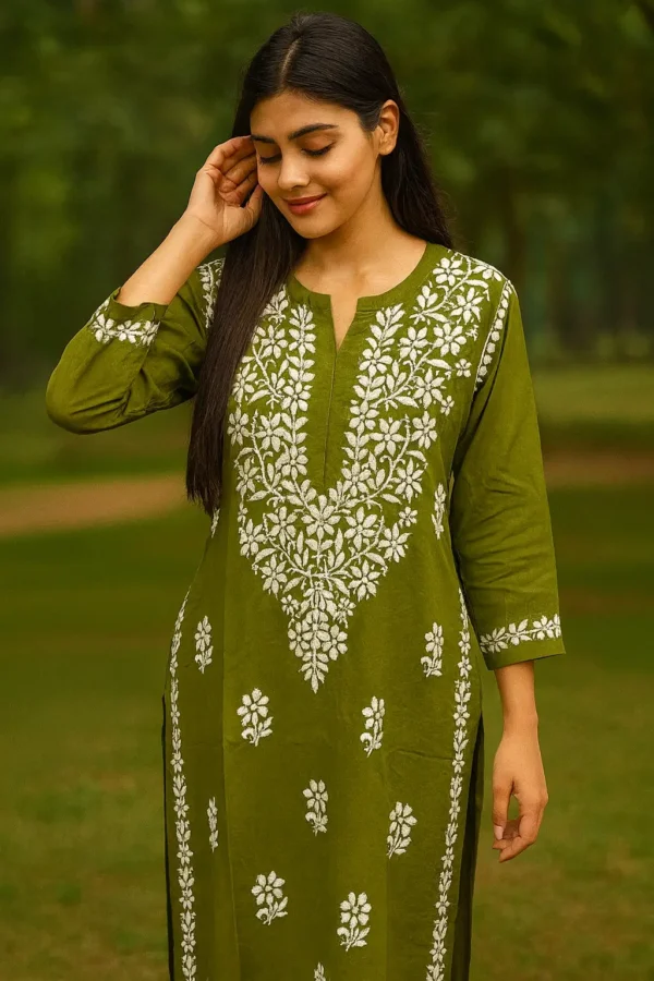 Olive Green Cotton Kurta with White Embroidery