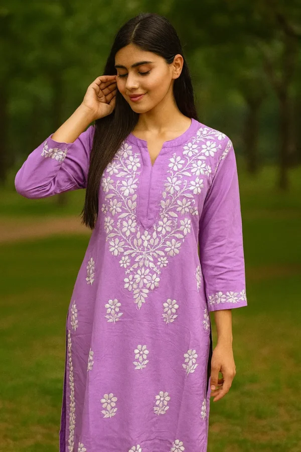 Lavender Cotton Chikankari Embroidered Kurta