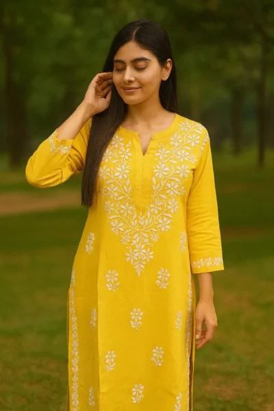 LK-44-1 Yellow Cotton Embroidered Kurta