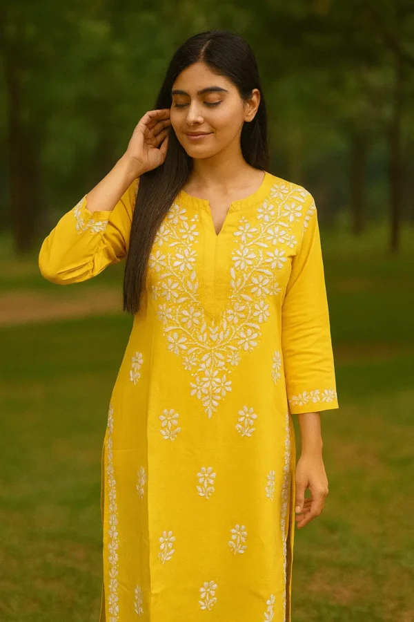 Yellow Cotton Embroidered Kurta