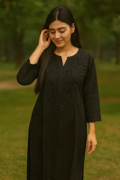 LK-45-1 Elegant Black Cotton Chikankari Kurta