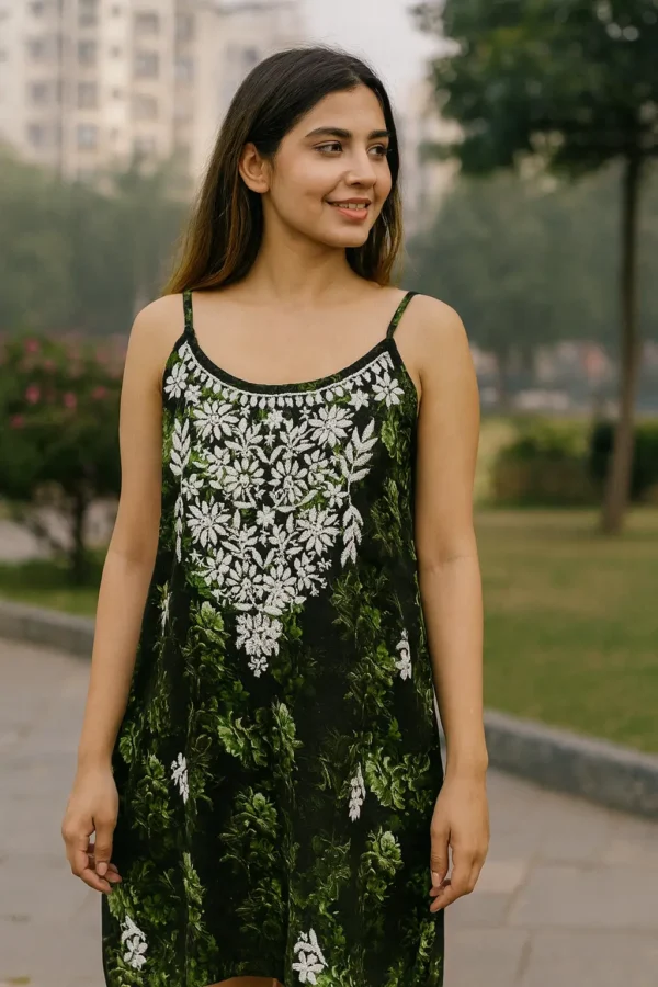 Green Floral Printed Sleeveless Cotton with White Embroidery