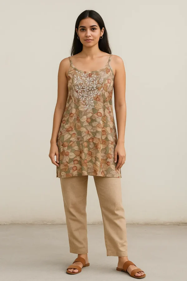Beige Leaf Print Sleeveless Cotton Kurti
