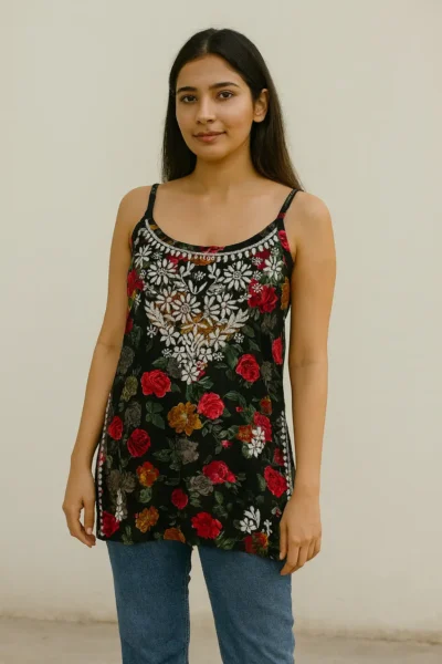LK-49-1 Black Floral Print Sleeveless Kurti with Embroidery