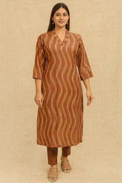 LK-50-1 Rust Brown Ikat Print Cotton Kurti