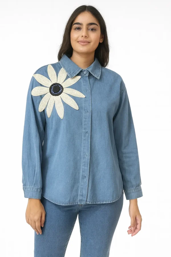 Denim Shirt with Oversized Floral Patch