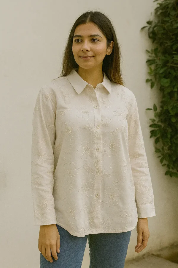 Elegant Off-White Floral Embroidered Shirt