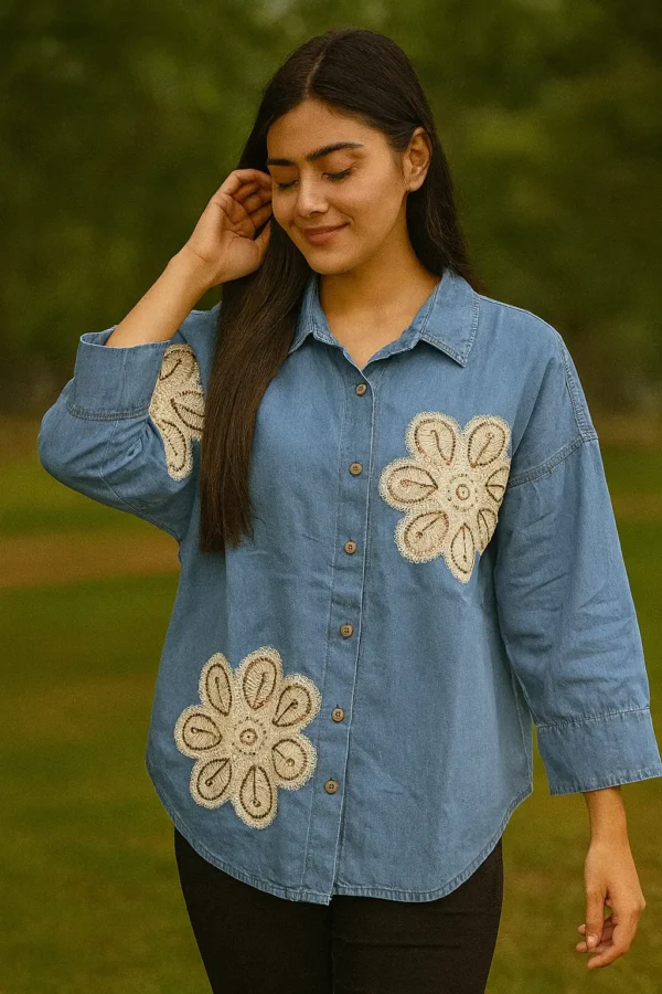 Denim Shirt with Oversized Floral Embroidery