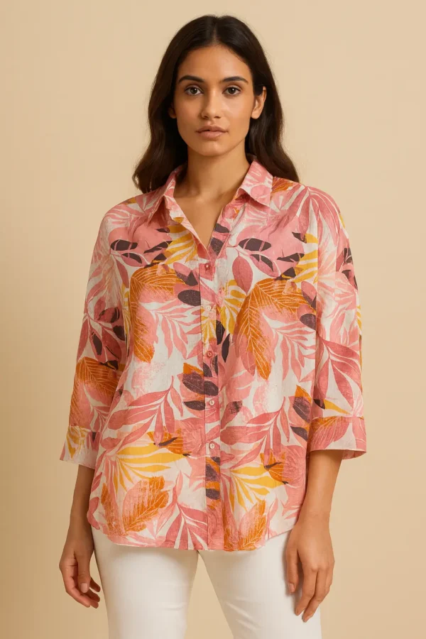 Pink Leaf Print Casual Shirt