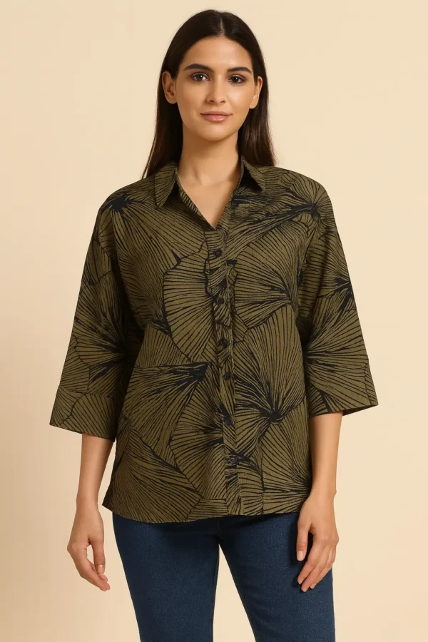 Olive Leaf Print Oversized Shirt