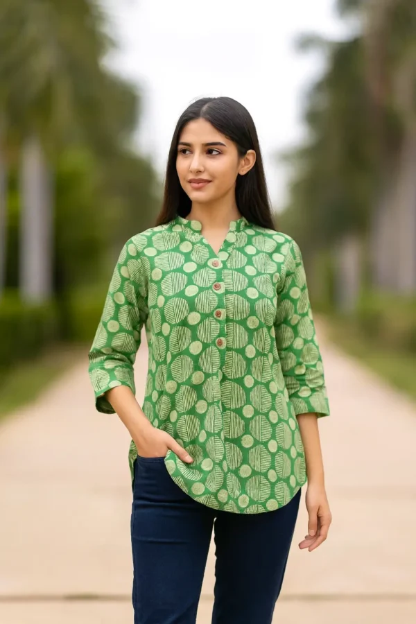 Green Geometric Print Cotton Kurti