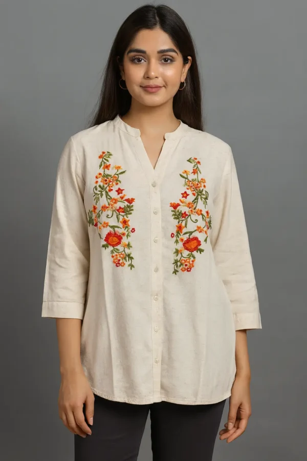 Beige Longline Cotton Kurti with Multicolor Floral Embroidery