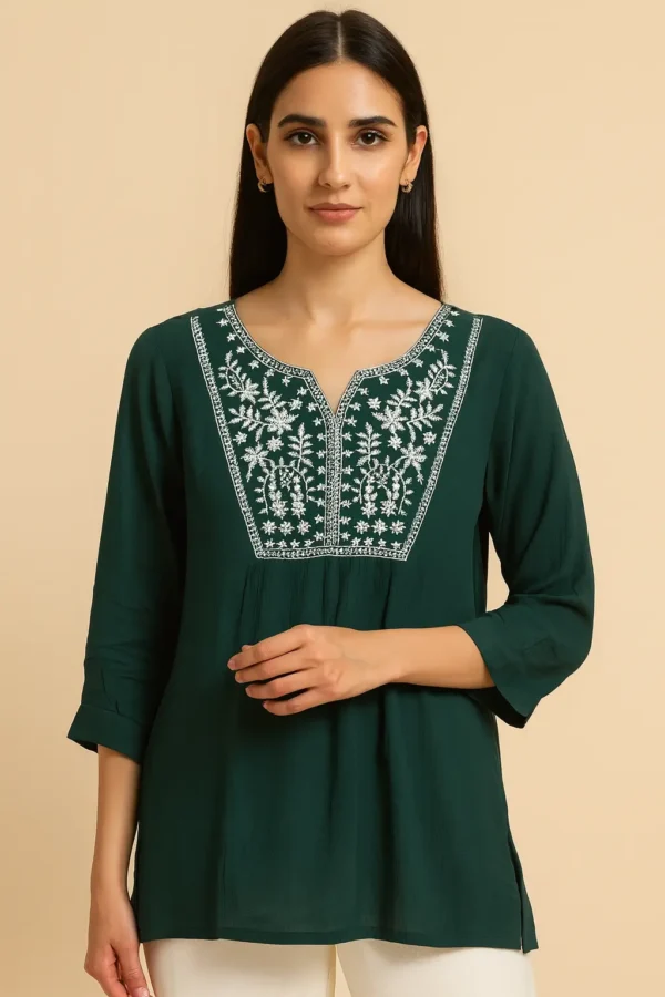 Green Cotton Embroidered Kurti