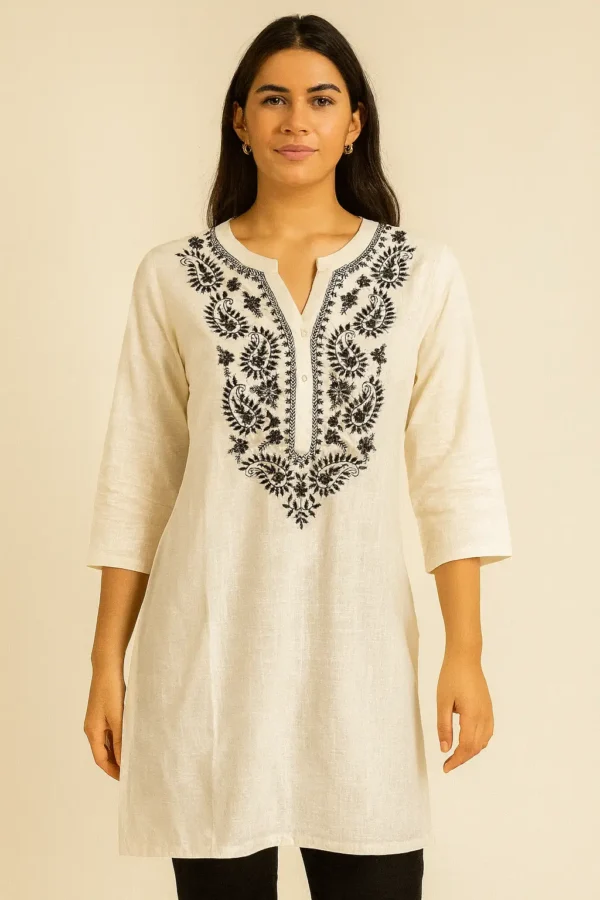 Ivory Cotton Kurti with Black Embroidery