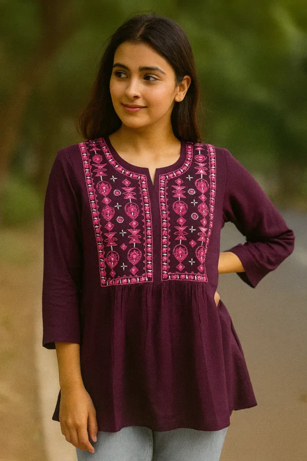 Purple Cotton Embroidered Short Kurti