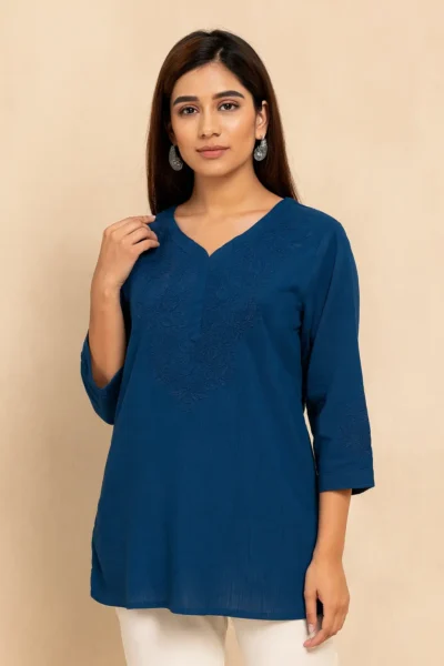 SK-70-1 Blue Embroidered Cotton Kurti – 3/4th Sleeve