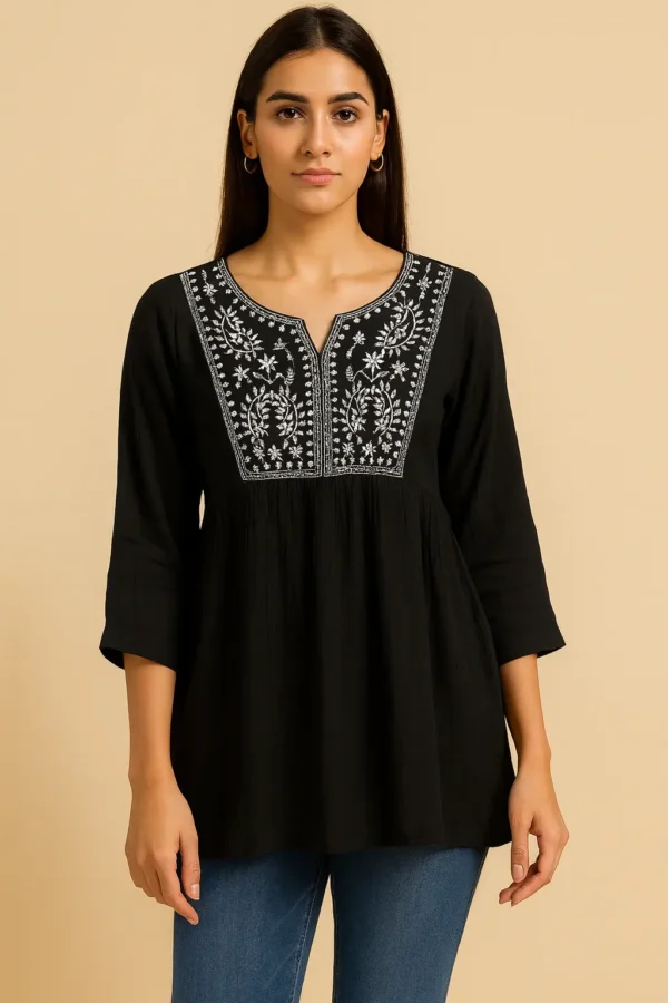 Black Cotton Kurti with White Embroidery