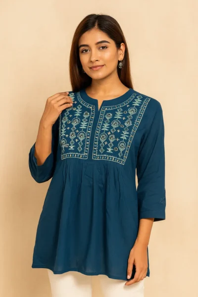 SK-72-1 Teal Blue Embroidered Short Kurti