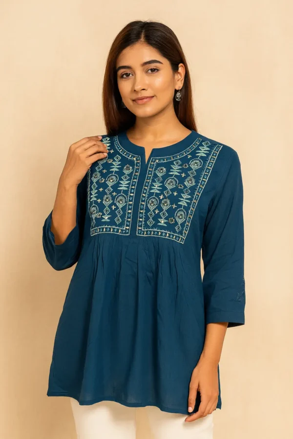 Teal Blue Embroidered Short Kurti
