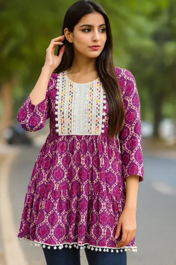 Magenta Printed Short Kurti with Pom-Pom Detailing