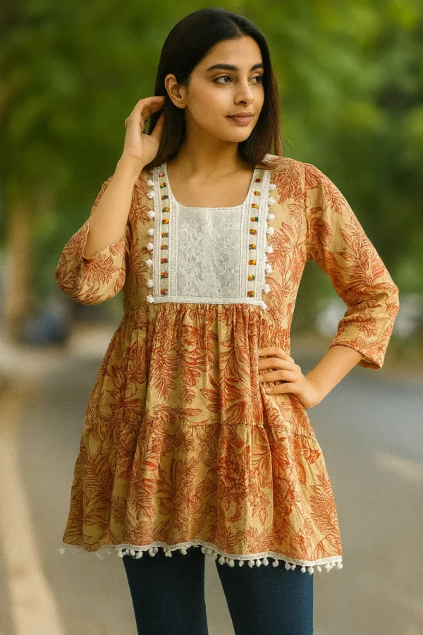 Beige Floral Printed A-Line Kurti with Embroidered Yoke