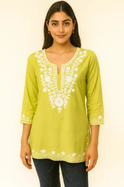 SK-79-2 Light Green Cotton Rayon Kurti with White Thread Embroidery