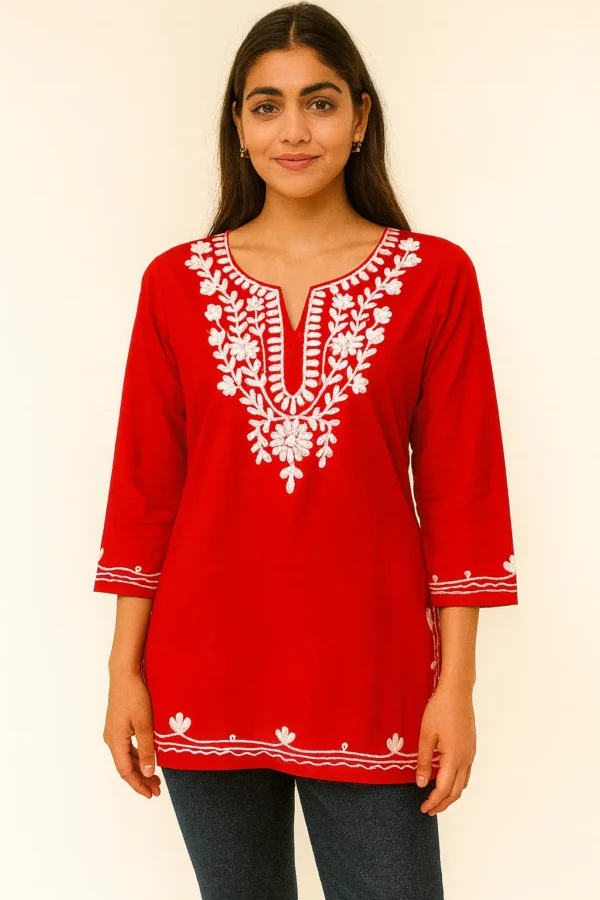 Elegant Red Cotton Rayon Embroidered Kurti