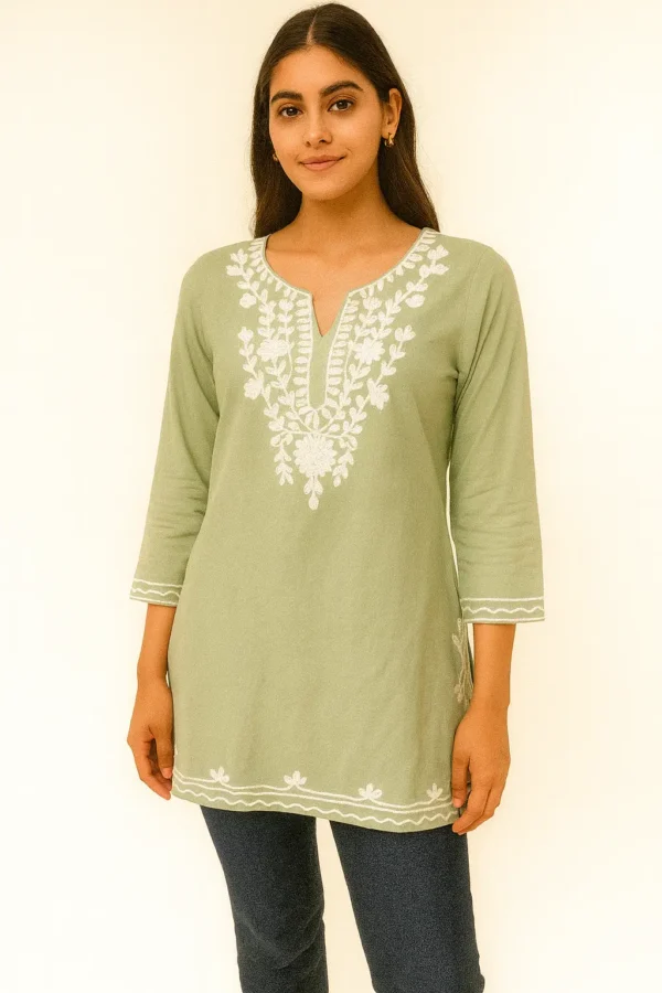 Elegant Light Green Cotton Rayon Embroidered Kurti