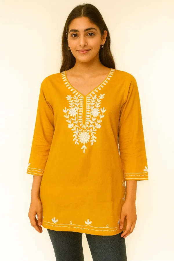 Mustard Yellow Cotton Rayon Kurti with White Embroidery