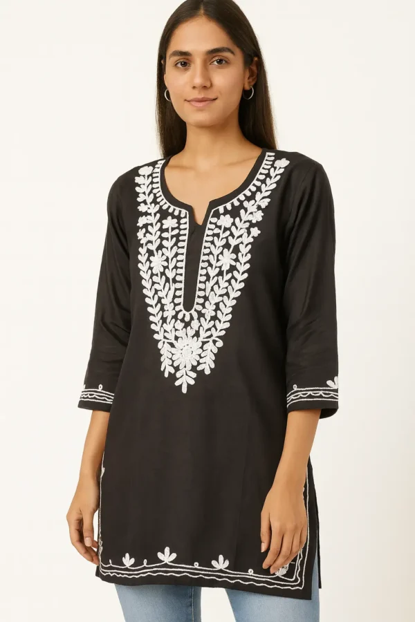 Classic Black Cotton Rayon Kurti with White Embroidery
