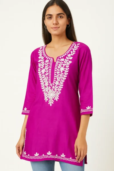 SK-84-1 Pink Cotton Rayon Kurti with White Embroidery