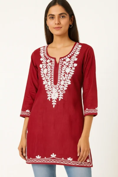 SK-86-1 Cotton Rayon Embroidered Kurti – Maroon