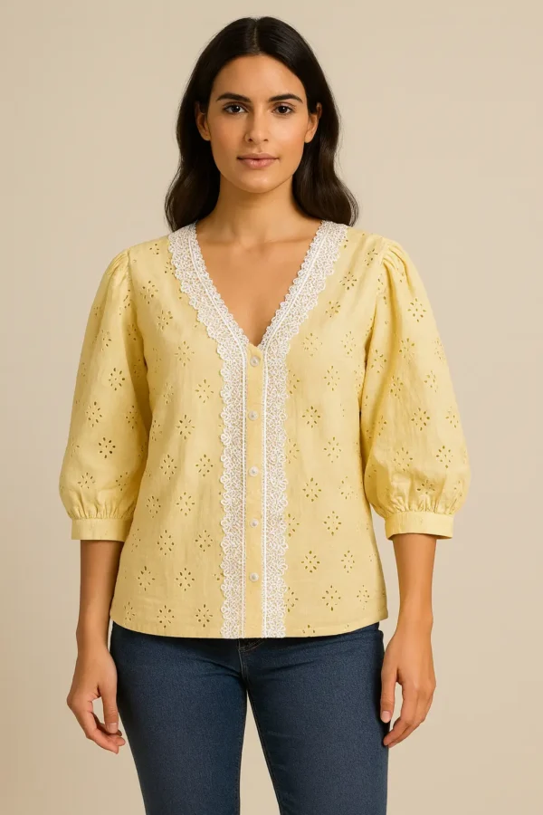 Yellow Embroidered Lace Trim Cotton Top