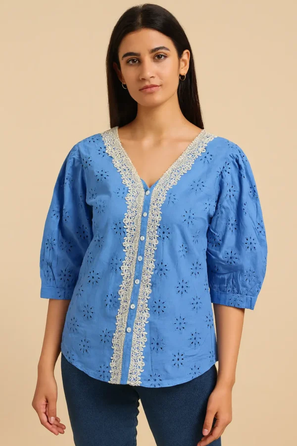 Blue Lace Trim Cotton Top