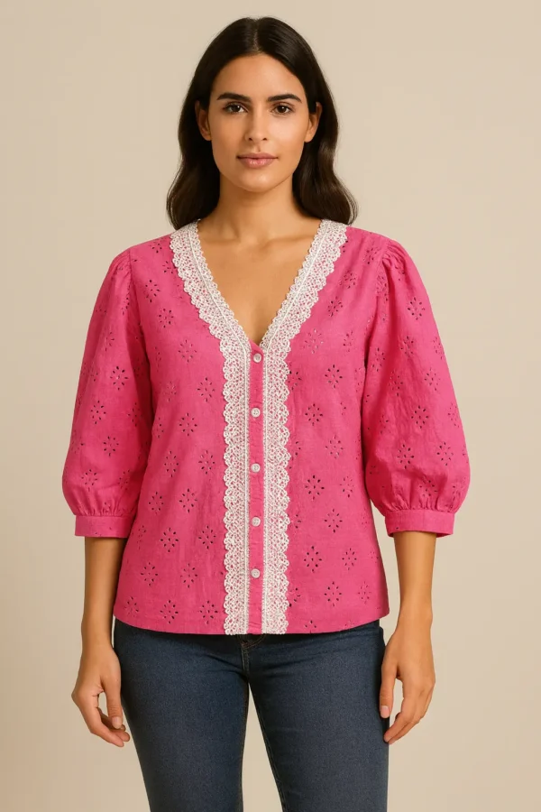 Fuchsia Pink Lace Detail Cotton Top