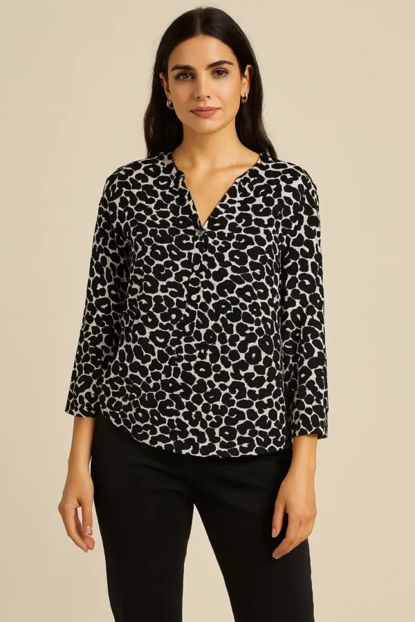 Black & White Animal Print V-Neck Top