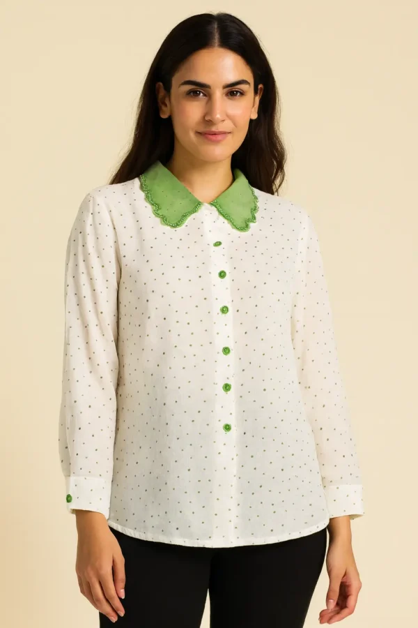 White Polka Dot Shirt with Contrast Green Collar
