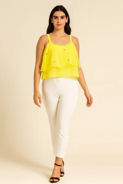TOP-43-1 Yellow Layered Sleeveless Party Top