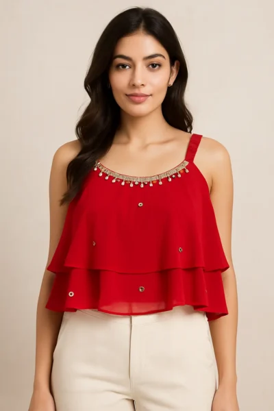 TOP-44-1 Red Layered Sleeveless Party Top with Stone Embellishments