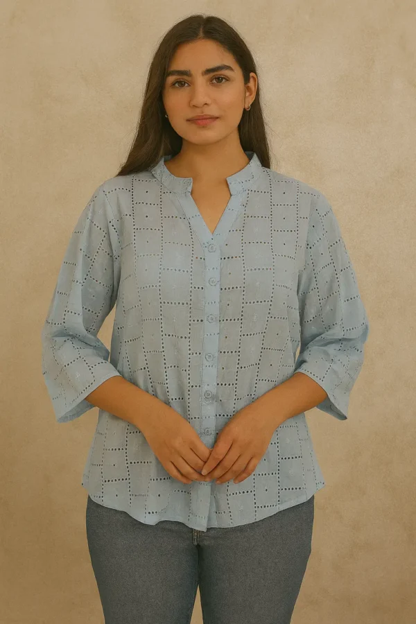 Light Blue Box Cutwork Cotton Shirt