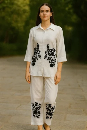 CRD-100-1 White & Black Embroidered Heavy Rayon Co-ord Set