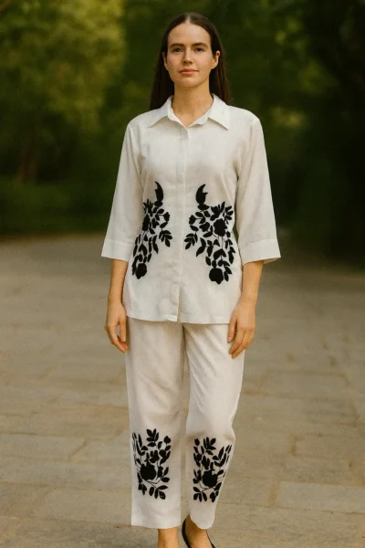 CRD-100-1 White & Black Embroidered Heavy Rayon Co-ord Set