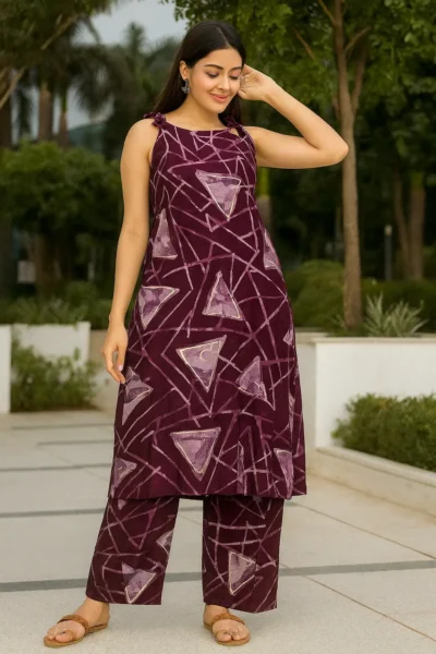 CRD-102-1 Maroon Geometric Print Modal Maslin Co-ord Set with Shoulder Knot Kurta & Plazo Pants