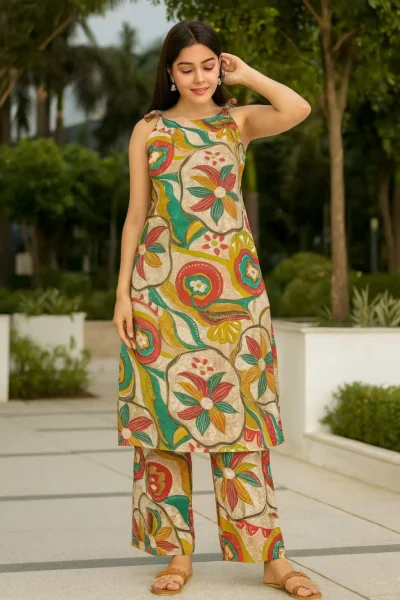 CRD-103-1 Multicolor Floral Print Modal Maslin Co-ord Set with Shoulder Knot Kurta & Plazo Pants