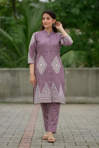 CRD-93-1 Lavender Cotton Embroidered Kurta Set